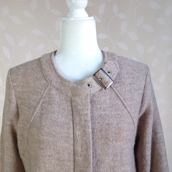 For Cynthia Cozy Wool Moto Buckle Zip Front Jacket Marled Beige Tan Petite Large - Picture 6 of 16